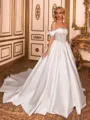 Splendiferous Ball-Gown Off-the-Shoulder Appliques Lace Cathedral Train Satin Corset Wedding Dress
