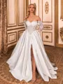 Unforgettable A-line Off-the-Shoulder Long Sleeves Appliques Lace Chapel Train Satin Corset Wedding Dress