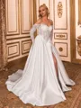 Unforgettable A-line Off-the-Shoulder Long Sleeves Appliques Lace Chapel Train Satin Corset Wedding Dress