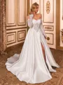 Unforgettable A-line Off-the-Shoulder Long Sleeves Appliques Lace Chapel Train Satin Corset Wedding Dress