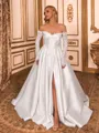 Fashion-forward A-line Off-the-Shoulder Long Sleeves Appliques Lace Court Train Satin Corset Wedding Dress