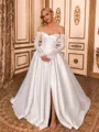 Fashion-forward A-line Off-the-Shoulder Long Sleeves Appliques Lace Court Train Satin Corset Wedding Dress