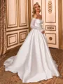 Fashion-forward A-line Off-the-Shoulder Long Sleeves Appliques Lace Court Train Satin Corset Wedding Dress