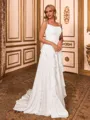 Glamorous A-line Spaghetti Straps Ruffles Sweep Train Chiffon Corset Wedding Dress