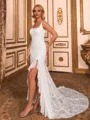Hermosos Sheath Straps Long Sleeves Ruffles Court Train Lace Wedding Dress