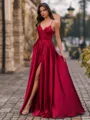 Fashion A-Line V-Neck Appliques Lace Floor-Length Silk Like Satin Corset Prom Dress