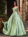 Pretty A-Line Spaghetti Straps Appliques Lace Sweep Train Silk Like Satin Corset Prom Dress
