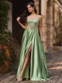 Pretty A-Line Spaghetti Straps Appliques Lace Sweep Train Silk Like Satin Corset Prom Dress