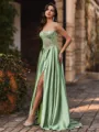 Pretty A-Line Spaghetti Straps Appliques Lace Sweep Train Silk Like Satin Corset Prom Dress