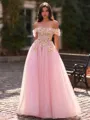 Graceful A-Line Off-the-Shoulder Appliques Lace Floor-Length Tulle Corset Prom Dress