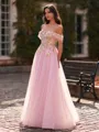 Graceful A-Line Off-the-Shoulder Appliques Lace Floor-Length Tulle Corset Prom Dress