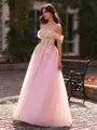 Graceful A-Line Off-the-Shoulder Appliques Lace Floor-Length Tulle Corset Prom Dress