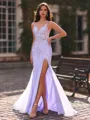 Grand Sheath V-Neck Appliques Lace Sweep Train Tulle Corset Prom Dress