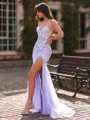Grand Sheath V-Neck Appliques Lace Sweep Train Tulle Corset Prom Dress