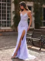 Grand Sheath V-Neck Appliques Lace Sweep Train Tulle Corset Prom Dress