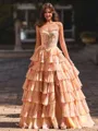 Gorgeous A-Line Straight Cascading Ruffles Sweep Train Corset Prom Dress