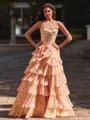 Gorgeous A-Line Straight Cascading Ruffles Sweep Train Corset Prom Dress