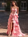 Luxurious A-Line Sweetheart Appliques Lace Sweep Train Silk Like Satin Corset Prom Dress