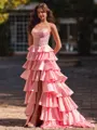 Luxurious A-Line Sweetheart Appliques Lace Sweep Train Silk Like Satin Corset Prom Dress