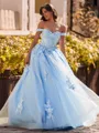 Show-stopping Ball-Gown Off-the-Shoulder Appliques Lace Sweep Train Tulle Corset Prom Dress