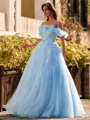 Striking Ball-Gown Off-the-Shoulder Flower Floor-Length Tulle Corset Prom Dress