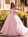 Striking Ball-Gown Off-the-Shoulder Flower Floor-Length Tulle Corset Prom Dress