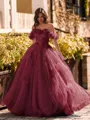 Striking Ball-Gown Off-the-Shoulder Flower Floor-Length Tulle Corset Prom Dress