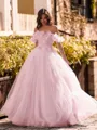 Striking Ball-Gown Off-the-Shoulder Flower Floor-Length Tulle Corset Prom Dress