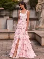 Unforgettable A-Line Square Cascading Ruffles Sweep Train Corset Prom Dress