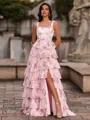 Unforgettable A-Line Square Cascading Ruffles Sweep Train Corset Prom Dress