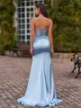 Glam Sheath V-Neck Appliques Lace Sweep Train Silk Like Satin Corset Prom Dress