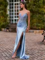 Glam Sheath V-Neck Appliques Lace Sweep Train Silk Like Satin Corset Prom Dress