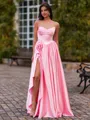 Unique A-Line Straight Rhinestone Sweep Train Silk Like Satin Corset Prom Dress