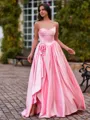 Unique A-Line Straight Rhinestone Sweep Train Silk Like Satin Corset Prom Dress