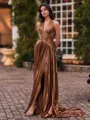 Charming A-Line Halter Pleated Sweep Train Metallic Satin Corset Prom Dress