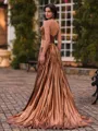 Charming A-Line Halter Pleated Sweep Train Metallic Satin Corset Prom Dress