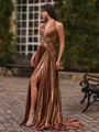 Charming A-Line Halter Pleated Sweep Train Metallic Satin Corset Prom Dress