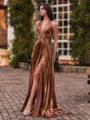 Charming A-Line Halter Pleated Sweep Train Metallic Satin Corset Prom Dress