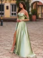 Elegant A-Line Off-the-Shoulder Pleated Sweep Train Silk Like Satin Prom Dress