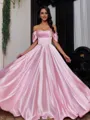 Perfect A-Line Off-the-Shoulder Pleated Floor-Length Silk Like Satin Corset Prom Dress
