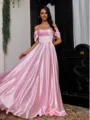 Perfect A-Line Off-the-Shoulder Pleated Floor-Length Silk Like Satin Corset Prom Dress