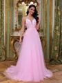 Trendy A-Line V-Neck Appliques Lace Court Train Tulle Corset Prom Dress