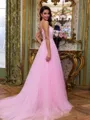 Trendy A-Line V-Neck Appliques Lace Court Train Tulle Corset Prom Dress