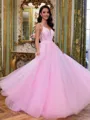 Trendy A-Line V-Neck Appliques Lace Court Train Tulle Corset Prom Dress