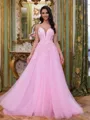 Trendy A-Line V-Neck Appliques Lace Court Train Tulle Corset Prom Dress