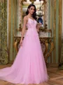 Trendy A-Line V-Neck Appliques Lace Court Train Tulle Corset Prom Dress