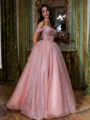 Unique A-Line Off-the-Shoulder Pleated Floor-Length Sequins Corset Prom Dress