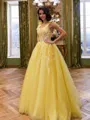 Glamorous A-Line Square Appliques Lace Sweep Train Tulle Corset Prom Dress