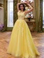 Glamorous A-Line Square Appliques Lace Sweep Train Tulle Corset Prom Dress