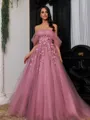 Elegant A-Line Off-the-Shoulder Appliques Lace Sweep Train Tulle Corset Prom Dress